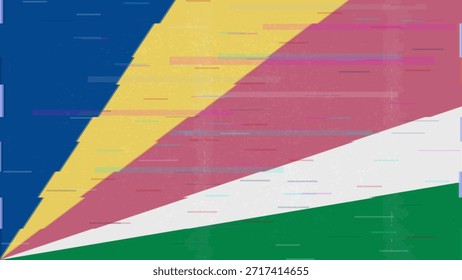Seychelles glitch flag vector, RGB split distortion, digital abstract video frame illustration