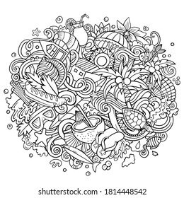 Seychelles hand drawn cartoon doodle illustrations. Funny travel design. Creative art vector background. Exotic island elements and objects. Sketchy composition