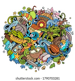 Seychelles hand drawn cartoon doodles illustration. Funny travel design. Creative art vector background. Exotic island elements and objects. Colorful composition