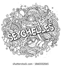 Seychelles hand drawn cartoon doodles illustration. Funny travel design. Creative art vector background. Handwritten text with exotic island elements and objects. Sketchy composition