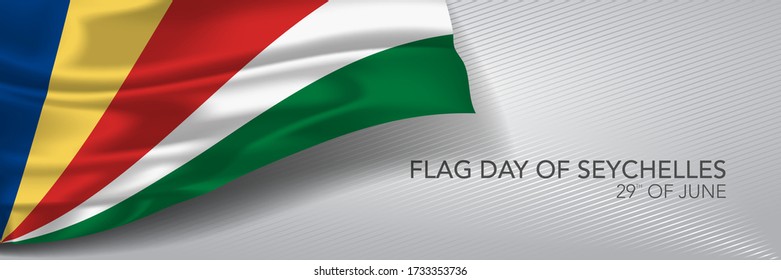 Banner vector del día de la bandera de Seychelles, tarjeta de saludo. Bandera ondulada en el 29 de junio Día nacional patriótico diseño horizontal