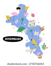 Seychelles Illustrated Map with Tropical Animals, Island Symbols and Travel Icons. Cute Flat Vector Illustration