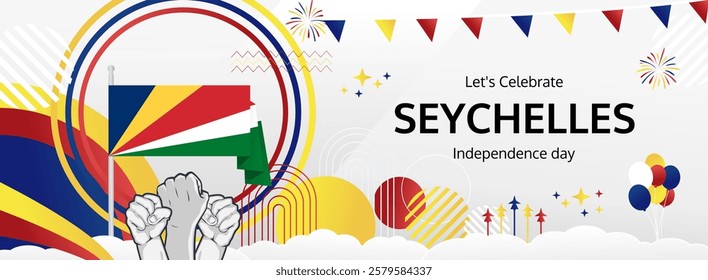 Seychelles Independence Day modern greeting banner. 29 June Happy National Day. Holidays abstract concept in flag colors. Great for event like carnival, feast poster, support, culture and tourism