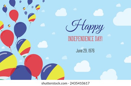 Seychelles Independence Day Sparkling Patriotic Poster. Row of Balloons in Colors of the Seychellois Flag. Greeting Card with National Flags, Blue Skyes and Clouds.