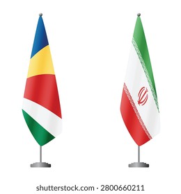 Seychelles and Iran flags on flagpoles for official ceremonies and meetings, transparent background vector