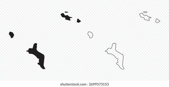 Seychelles islands vector maps set: solid black silhouettes and simple line outlines on transparent background