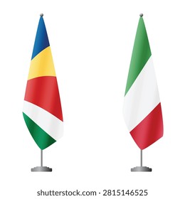 Seychelles and Italy flags on flagpoles for official ceremonies and meetings, transparent background vector