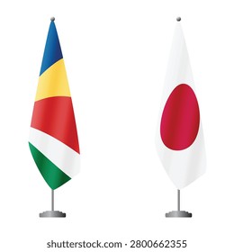 Seychelles and Japan flags on flagpoles for official ceremonies and meetings, transparent background vector