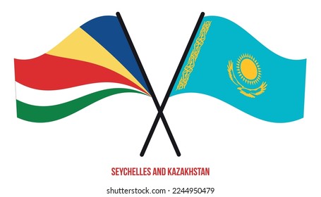 Seychelles and Kazakhstan Flags Crossed And Waving Flat Style. Official Proportion. Correct Colors