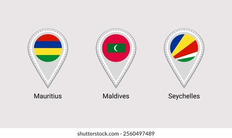 Seychelles, Maldives, Mauritius flags map pins isolated icons vector illustration. Tropical islands countries national flags location points. Official symbols stickers signs, markers badges