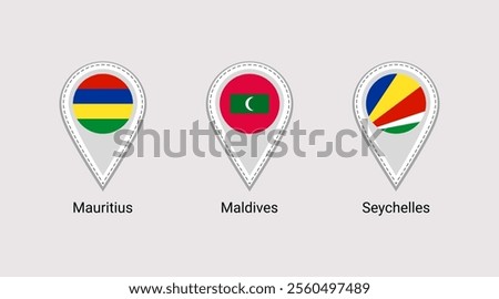 Seychelles, Maldives, Mauritius flags map pins isolated icons vector illustration. Tropical islands countries national flags location points. Official symbols stickers signs, markers badges