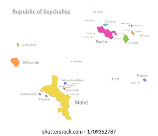 Seychelles map, administrative division with region names, color map isolated on white background vector