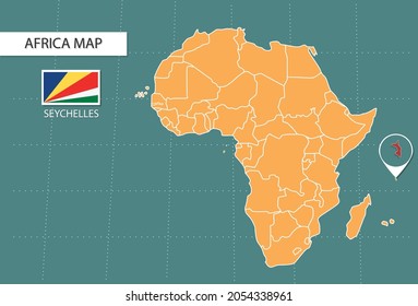 Seychelles map in Africa zoom version, icons showing Seychelles location and flags.