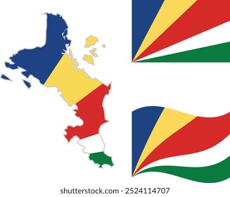 Seychellen kaart en vlag . nationale vlag van de Seychellen . onafhankelijkheidsdag van de Seychellen banner, iconen, set ,map ,vlag ,rechthoekige, golvende vector illustratie op witte achtergrond