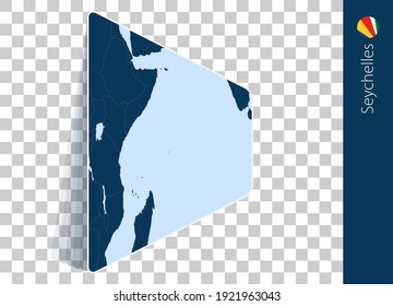 Seychelles map and flag on transparent background. Highlighted Seychelles on blue vector map.