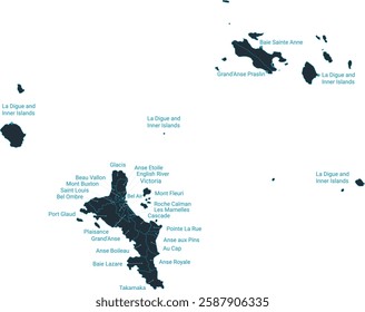 Seychelles map high detailed with administrative divide by state, capital cities names, outline simplicity style. Vector illustration EPS10.