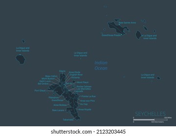Seychellen-Karte. Hohe detaillierte Karte der Seychellen mit Ländern, Grenzen, Städten, Wasserobjekten. Vektorgrafik eps10