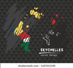 Seychelles national vector map with sketch chalk flag. Sketch chalk hand drawn illustration