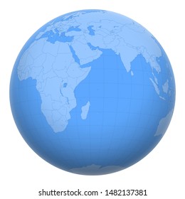 Seychelles on the globe. Earth centered at the location of the Republic of Seychelles. Map of Seychelles. Includes layer with capital cities.
