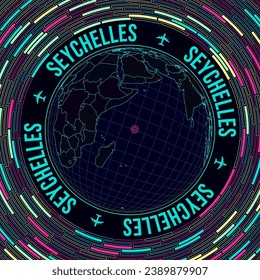 Seychelles on globe. Satellite view of the world centered to Seychelles. Bright neon style. Futuristic radial bricks background. Neat vector illustration.