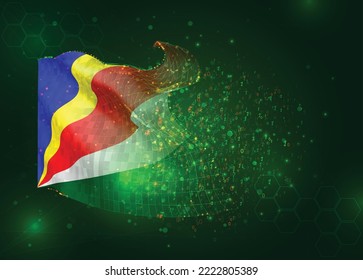 Seychellen auf Vektorgrafik 3D-Flagge auf grünem Hintergrund mit Polygone und Datennummern