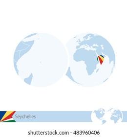 Seychelles on world globe with flag and regional map of Seychelles. Vector Illustration.
