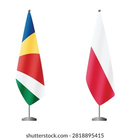 Seychelles and Poland flags on flagpoles for official ceremonies and meetings, transparent background vector