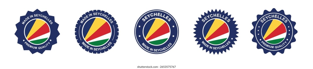 seychelles product label set. seychelles flag, premium made in seychelles . Labels, seals, stamps, flags, icons