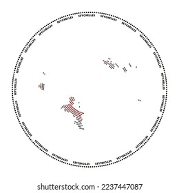 Rundlogos der Seychellen. Digitale Form der Seychellen in gepunktetem Kreis mit Inselnamen. Das technische Symbol der Insel mit gestuften Punkten. Trendy Vektorgrafik.