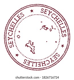 Seychelles round rubber stamp with island map. Vintage red passport stamp with circular text and stars, vector illustration.