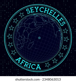 SEYCHELLES round sign. Futuristic satellite view of the world centered on SEYCHELLES. Geographical badge with map, round text and binary background. Captivating vector illustration.