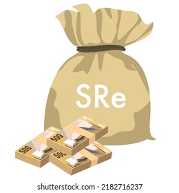 Seychelles Rupee Vector Illustration. Seychelles money set bundle banknotes. Money bag 500 SCR. Flat style. Isolated on white background. Simple minimal design.