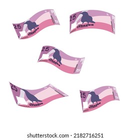 Seychelles Rupee Vector Illustration. Seychelles money set bundle banknotes. Falling, flying money 25 SCR. Flat style. Isolated on white background. Simple minimal design.