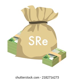 Seychelles Rupee Vector Illustration. Seychelles money set bundle banknotes. Money bag 50 SCR. Flat style. Isolated on white background. Simple minimal design.
