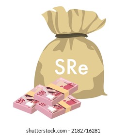 Seychelles Rupee Vector Illustration. Seychelles money set bundle banknotes. Money bag 100 SCR. Flat style. Isolated on white background. Simple minimal design.