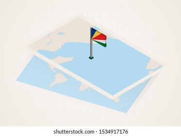 Seychelles selected on map with isometric flag of Seychelles. Vector paper map.
