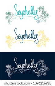 Seychelles. A set of lettering with a linear illustration of a tropical landscape. Isolated vector illustrations.