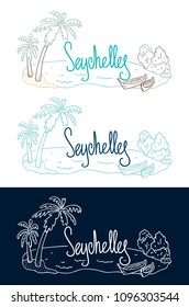 Seychelles set of lettering with linear illustration of boats. Isolated vector illustration is perfect for t shirts, cups, cards, posters. 