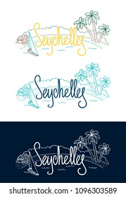Seychelles set of lettering with linear illustration of boats. Isolated vector illustration is perfect for t shirts, cups, cards, posters. 