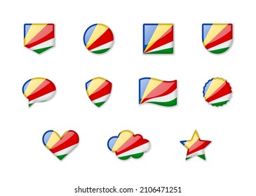 Seychelles - set of shiny flags of different shapes. Vector illustration