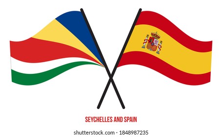 Seychelles and Spain Flags Crossed And Waving Flat Style. Official Proportion. Correct Colors.