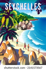 Seychelles travel poster. Beautiful landscape with beach, palms and sea in the background. Handmade drawing vector illustration.