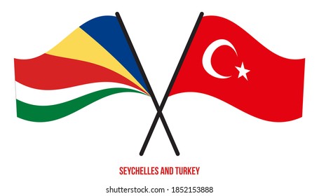 Seychelles and Turkey Flags Crossed And Waving Flat Style. Official Proportion. Correct Colors.