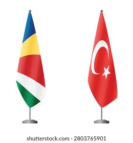 Seychelles and Turkey flags on flagpoles for official ceremonies and meetings, transparent background vector