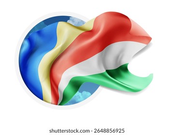 Seychelles, Vector 3d bandera contra un cielo azul, a través de un agujero redondo sobre un fondo blanco