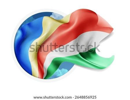 Seychelles, vector 3d flag against a blue sky, through a round hole on a white background