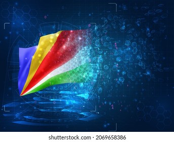 Seychelles, vector 3d flag on blue background with hud interfaces