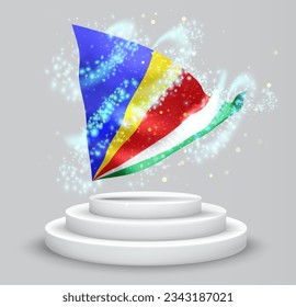 Seychelles, vector 3d flag on the podium surrounded by a whirlwind of magical radiance