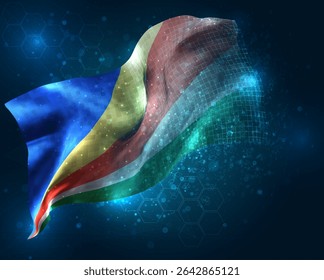 Seychelles, vector 3d flag virtual triangular polygons on a blue background