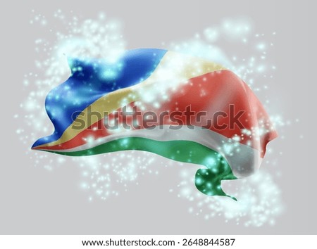 Seychelles, vector 3d flag in whirlwind of magical radiance